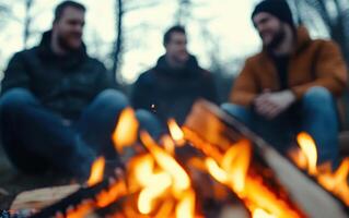 Warm campfire storytelling in forest setting with friends enjoying moment photo