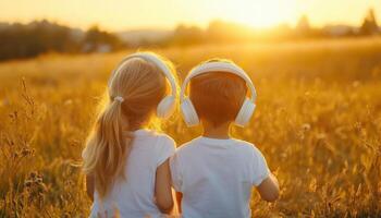 Siblings sharing headphones, listening to music in golden sunset photo
