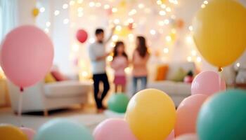 Family decorating their living room for celebration with colorful balloons and lights, creating joyful atmosphere photo