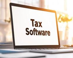 Tax software interface displayed on modern laptop in bright office setting, showcasing efficiency and organization photo