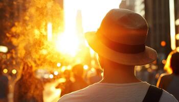 Urban sunset with warm light, silhouette of man in hat, city life photo