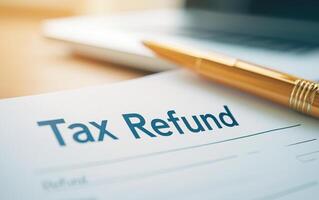 Tax refund document with golden pen on modern workspace, symbolizing financial relief and optimism photo