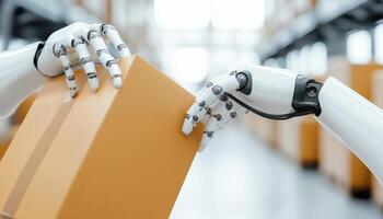 Robotic arms moving boxes in warehouse, showcasing automation technology photo