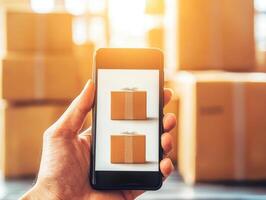 person holding smartphone displaying gift boxes with sunlight in warehouse photo