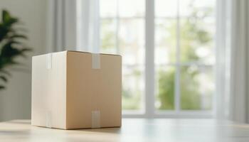 neatly packed shipping box sits on table, surrounded by natural light photo