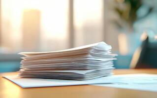 Stack of paperwork on desk, symbolizing corporate tax compliance and financial organization photo