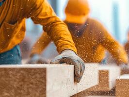 Lively scene of workers cutting wooden beams, showcasing craftsmanship and teamwork photo