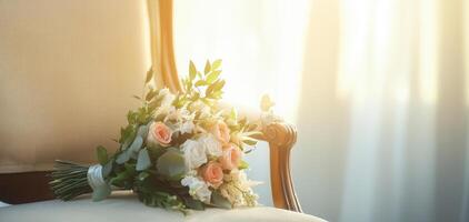 bridal bouquet resting on vintage chair, illuminated by soft sunlight, creates romantic atmosphere photo