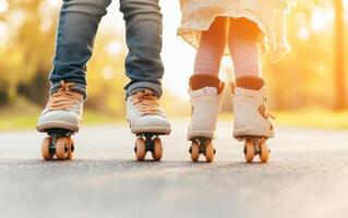 Children learning to roller skate on sunny road, enjoying moment photo