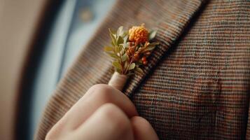 close up of groom boutonniere featuring orange flowers and greenery, elegantly pinned to textured suit jacket photo