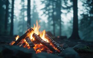 warm campfire crackles in misty forest, surrounded by tall trees photo