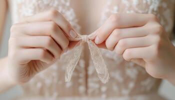 Close up of hands tying delicate bow on bridal gown, showcasing elegance and attention to detail photo