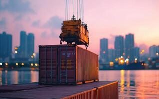 Unloading containers at vibrant city dock during sunset, showcasing urban life photo