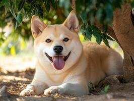 happy dog resting in shade, tongue out, enjoying warm weather photo