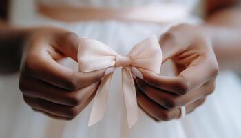 Close up of hands tying bow on bridal gown, showcasing elegance and detail photo
