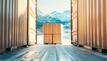 Packed goods are visible through open container doors, with mountains in background photo