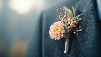 close up of groom boutonniere featuring pink flower, greenery, and berries, adding elegance to suit photo