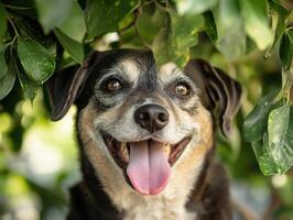 Happy dog resting under green leaves, tongue out, enjoying nature photo