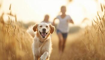Family running with golden retriever in golden wheat field, joyful moments captured photo