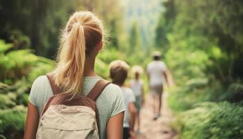Hiking trail with family group enjoying nature together photo