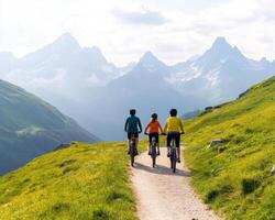 Biking on scenic mountain trail, three cyclists enjoy nature beauty photo