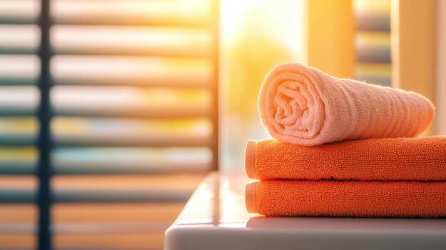 Soft towels stacked on table with warm sunlight streaming through blinds photo