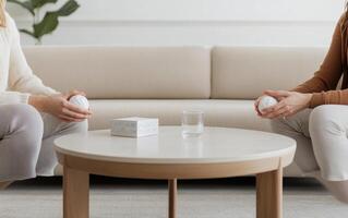 family therapy session in serene environment with two participants holding objects photo