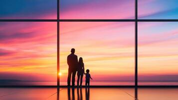 family enjoying stunning sunset view through large windows, creating serene atmosphere photo