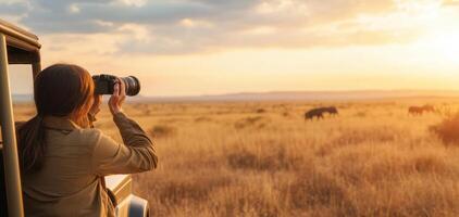 woman capturing wildlife photos during safari at sunset, surrounded by nature beauty