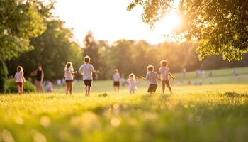 Children playing in sunny park, enjoying outdoor activities together photo