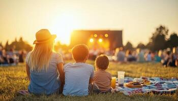 Enjoying sunset concert, woman and two kids relax on blanket, surrounded by lively crowd photo