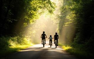 Exploring nature, parents and child riding bicycles through sunlit forest photo