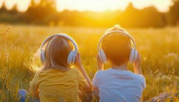 Two siblings enjoying music together in sunny field, sharing headphones photo