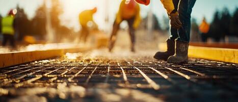 bustling construction site with workers installing concrete, wearing safety gear and boots, showcasing teamwork and effort photo