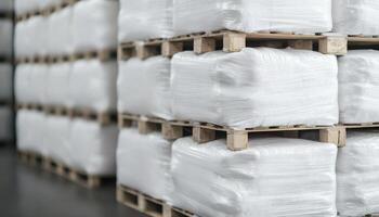 close up of pallet loaded with goods wrapped in plastic, showcasing storage efficiency and organization photo