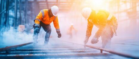 Construction workers in safety gear working on steel framework at busy site, showcasing teamwork and dedication photo