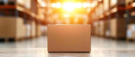 close up of shipping box in warehouse with blurred background, illuminated by sunlight photo