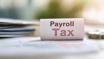 Payroll tax document on desk with financial papers and coins, conveying important information photo