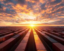panoramic view of container yard at sunrise, showcasing vibrant colors and dramatic clouds photo