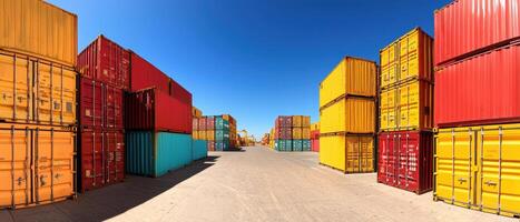 Panoramic view of colorful shipping containers at import export terminal photo