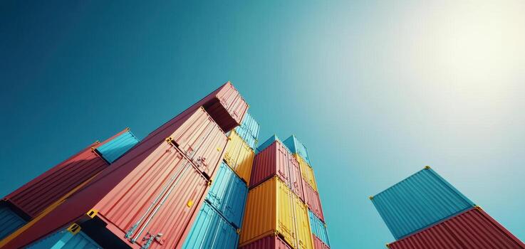 low angle shot of towering stack of colorful shipping containers against clear blue sky photo