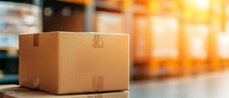 close up of cardboard box in warehouse with blurred background, showcasing shipping and storage photo