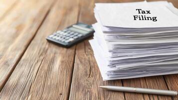 Tax filing documents stacked neatly on wooden table with calculator photo