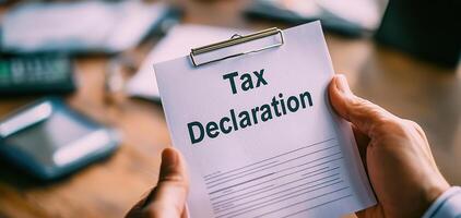 Tax declaration form held by person in busy office environment, conveying urgency and focus photo
