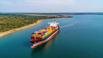 wide angle view of cargo ship loaded with colorful containers sailing on calm river, surrounded by lush greenery photo
