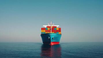 cargo ship loaded with colorful containers sailing on calm waters photo