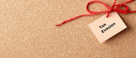 Tax evasion notice pinned to corkboard with red string, highlighting issues photo