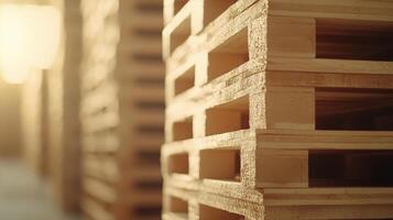 Neatly arranged wooden pallets in storage area, showcasing organization and efficiency photo