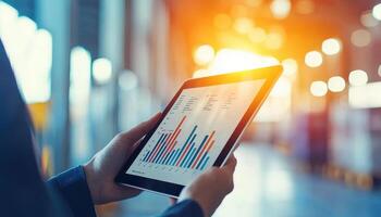 Close up of person holding tablet displaying colorful data charts, showcasing analytics and insights in modern environment photo