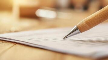 Close up of wooden pen resting on tax forms, symbolizing finance photo